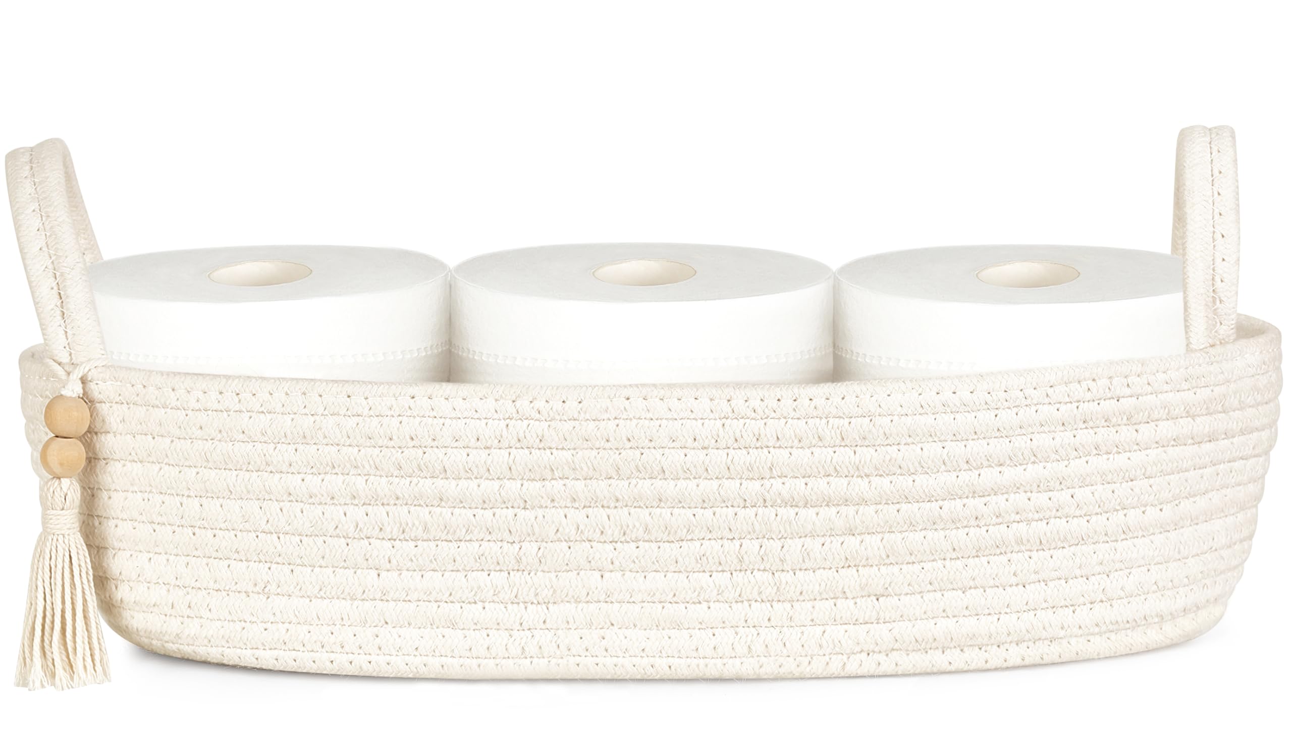 Mkono Small Storage Basket for Toilet Tank Top Boho Bathroom Decor Woven Rope Toilet Paper Tray Organizer for Shelf Bedroom Living Room, White, 1 Pack