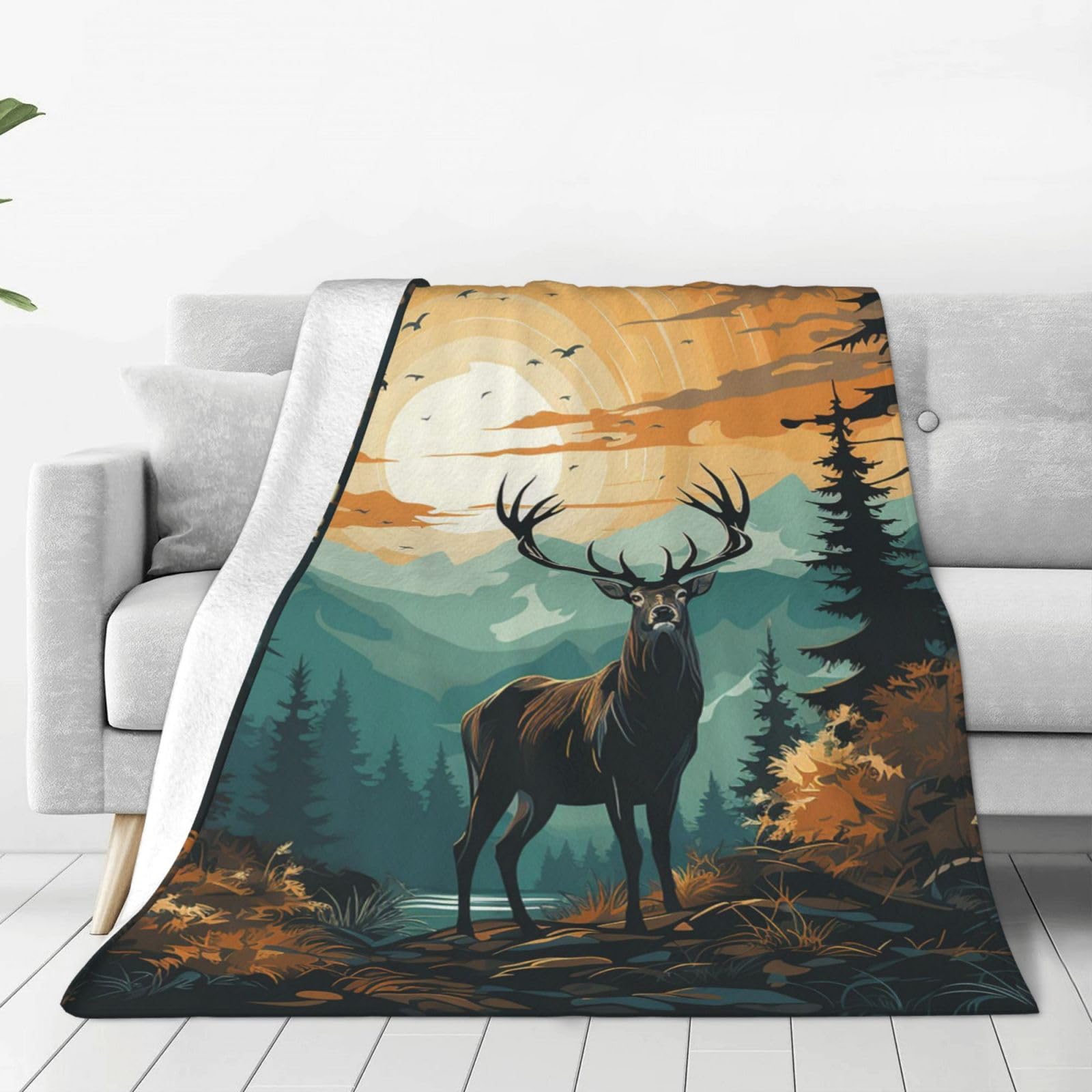 Throw Blanket for Couch Thick Soft Fleece Blankets Warm Cozy Air Conditioning Quilt All Seasons Elk Artwork Blanket Lightweight Flannel Fuzzy Blankets for Bed Couch Living Room Sofa 40"x30"