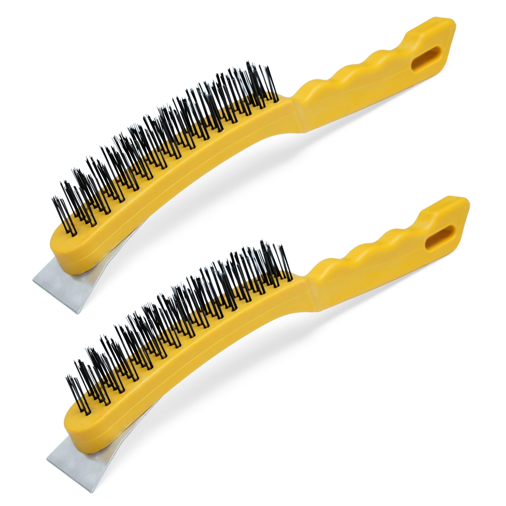 ZAVIA 2 Pack Wire Brush with Metal Scraper | 4 Row Wire Scratch Brush with Carbon Steel Grit & Plastic Handle for Scrapping Corrosion & paint | Metal Cleaning Wire Brushes for Welding Slag Removal