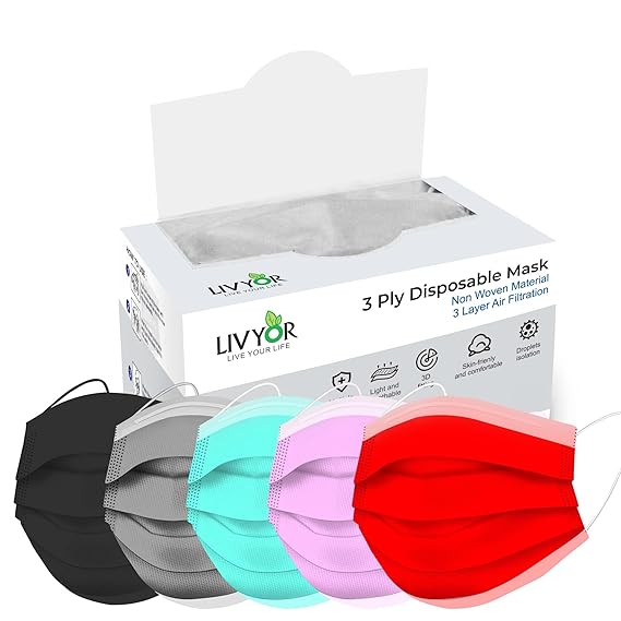 LIVYOR Non-Woven Fabric Disposable 3 Layer Surgical Face Mask With Nose Clip and Soft Ear Loops for Unisex