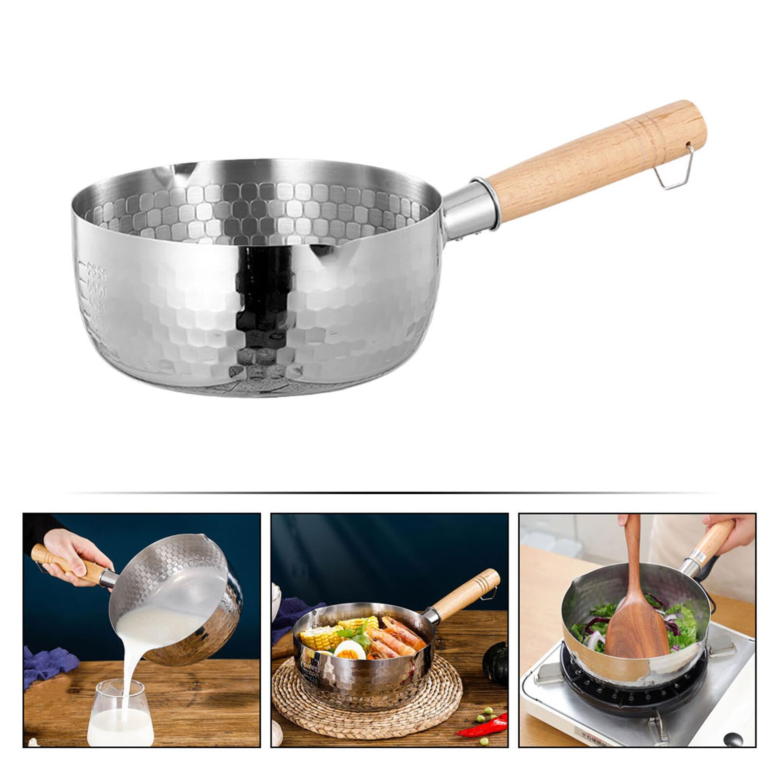 COLLBATH Pentola in Acciaio Inox Manico in Legno, per Latte e Alimenti per Bambini, Multiuso, Anello per Appendere, per Casa e Hotel