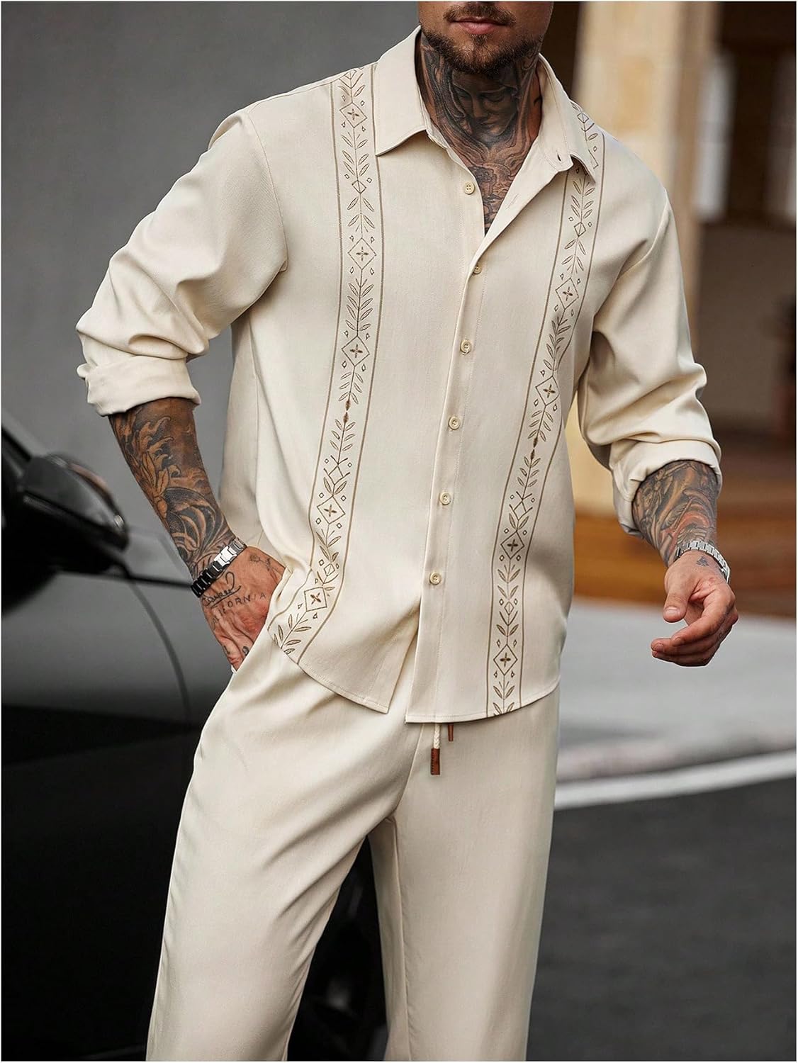 SOLY HUX Men's 2 Piece Going Out Outfits Printed Long Sleeve Button Down Shirts and Drawstring Pants Set