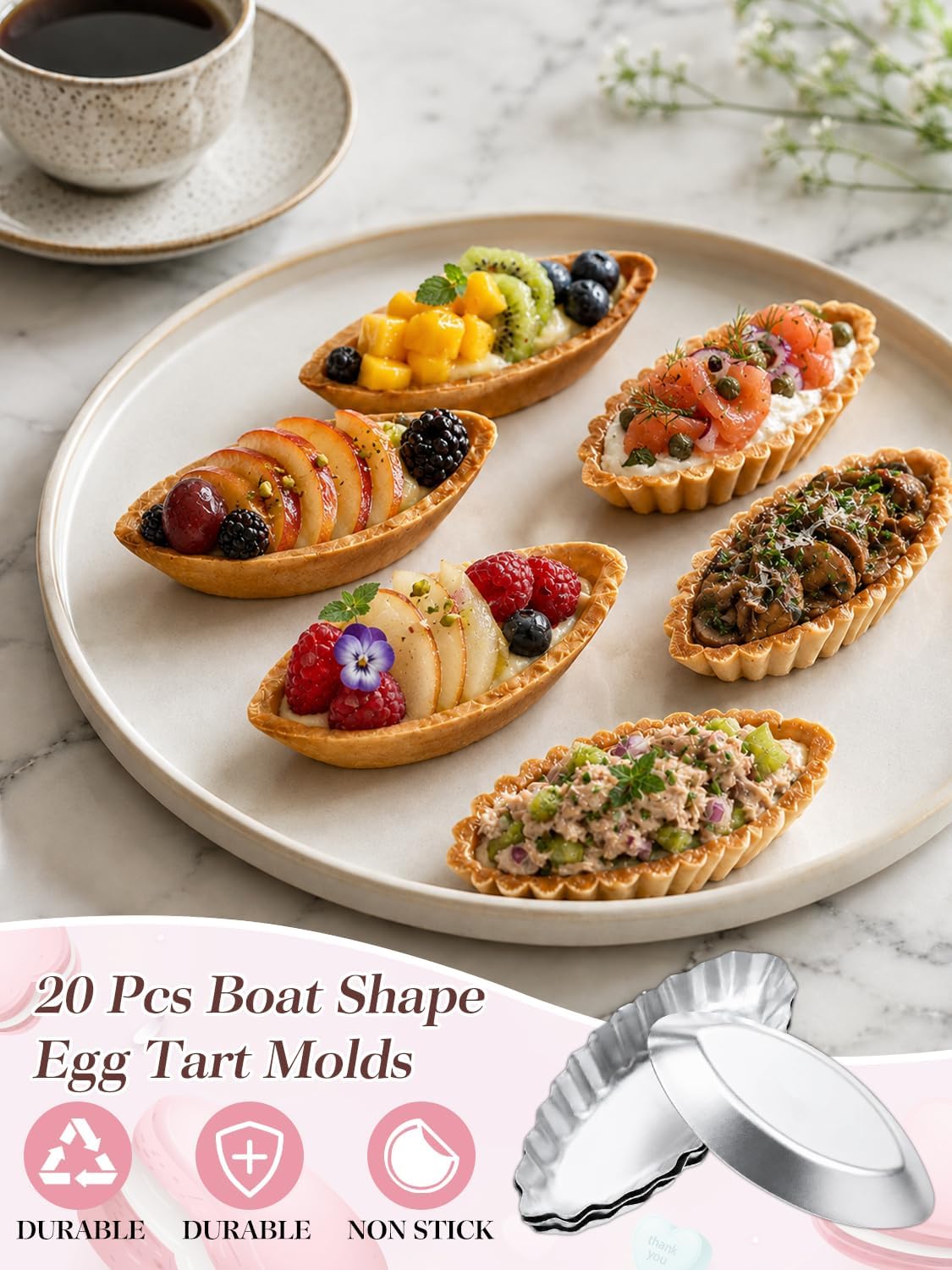 20Pc Boat Egg Tart Molds for Baking, 4.7x0.8in Fluted Alu Tart Pans