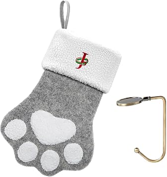 Pet Christmas Stocking with Initials, Large Embroidered Monogram Paw Shapped