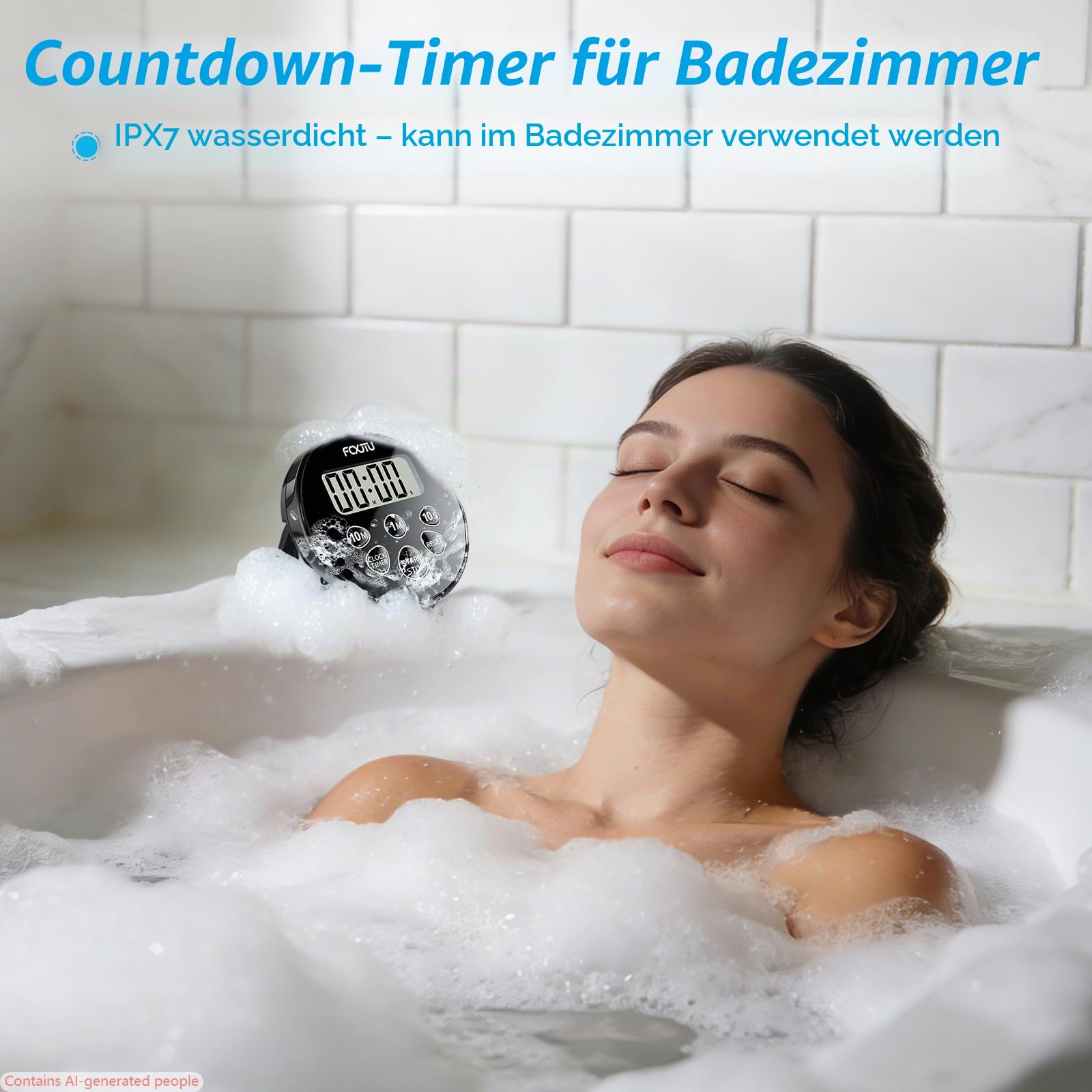 Digitaler wasserdichter Duschuhr-Timer, IPX7 Badezimmer-Dusche-Countdown-Timer, 12/24-Stunden-Uhr, einfache Einrichtung für Küchenpool mit Alarm, magnetischer Rückseite, Ständer, Dunkelschwarz