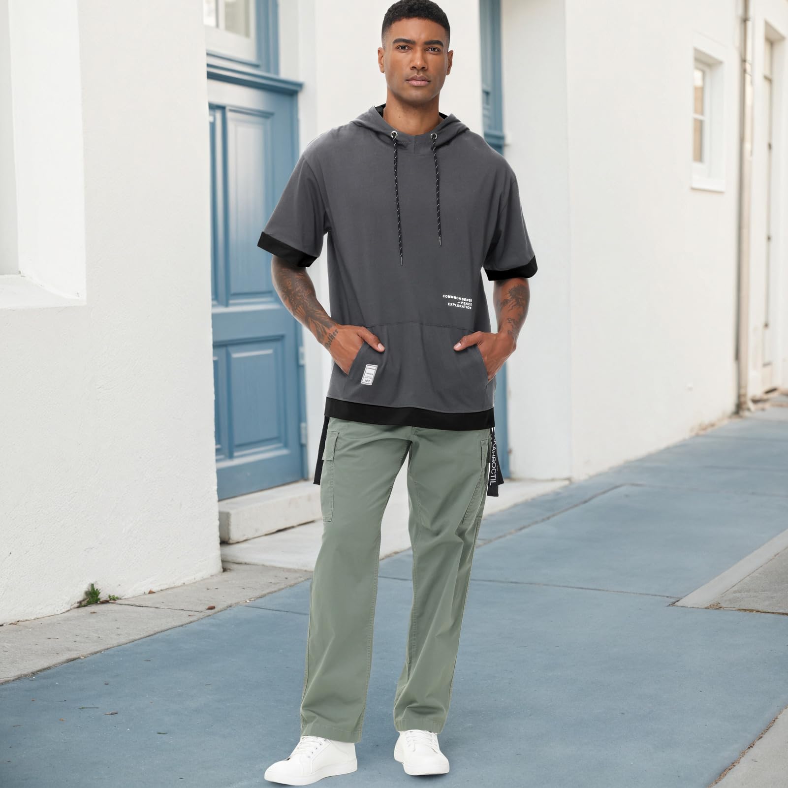 Sweat Manche Courte Homme Coton Tee Shirt à Capuche Color Block Pull à Capuche L'été Hoodie Sweatshirt
