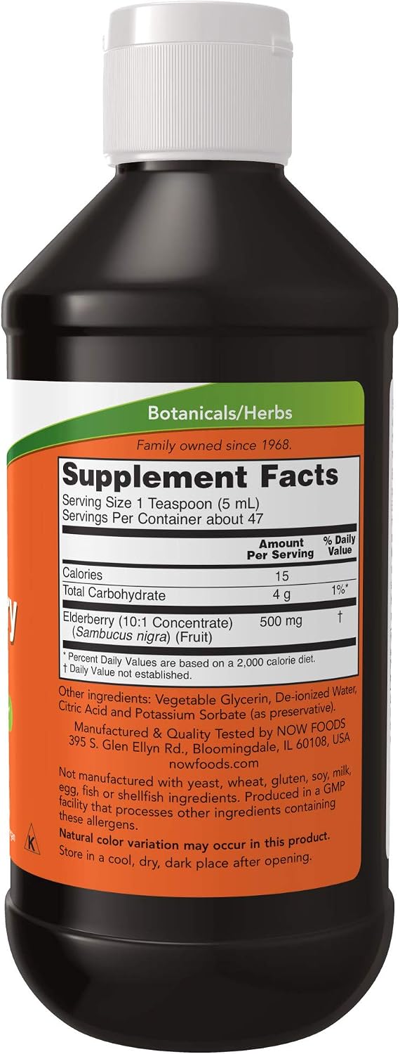 NOW Supplements, Elderberry Liquid 500 mg, 10:1 Concentrate, Free Radical Scavenger*, 8-Ounce