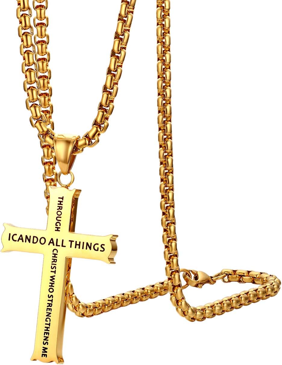 Philippians 4:13 Cross Pendant Necklace, Stainless Steel STRENGTH Bible Verse Crucifix Jewelry with 22 inch Chain