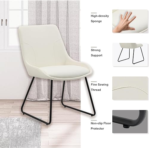 Miniatura 5 de HMeeZnn Juego de 2 sillas de comedor, de piel sintética, tapizadas, modernas, con patas de metal negro para sala de estar, color blanco