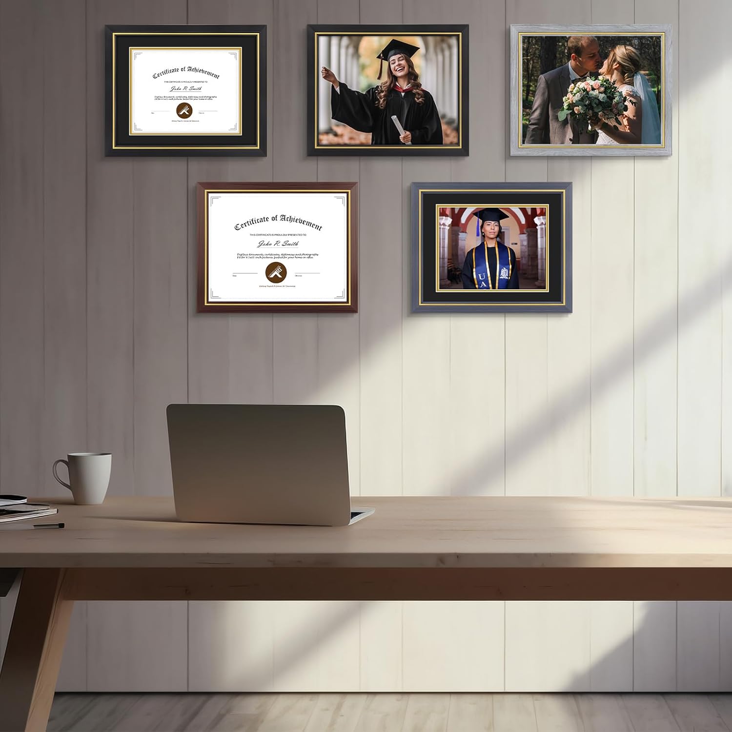 11x14 Diploma Frame Black with Gold Trim - Display 8.5x11 Diploma with Black Over Gold Double Mat Or 11x14 Certificate without Mat - Soild Wood with Tempered Glass - Horizontal Or Vertical Display - 2 Pack