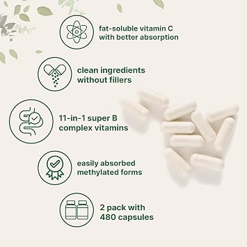 Micro Ingredients 2 Pack Pure Methylated B Complex, 480 Capsules | 11-in-1 Formula with B12, Thiamin, Folate, Inositol, Choline, Vitamin C | Filler Free | Non-GMO