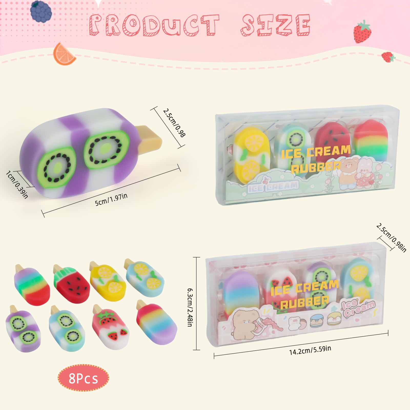 Pack of 8 Children's Erasers, Fruit Flavoured Erasers with Fruit Motif, Cute Erasers with Ice Cream Moulds - Image 2