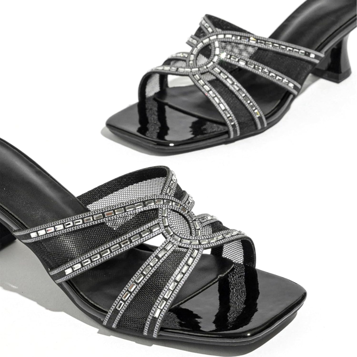 Womens Rhinestone Strappy Kitten Heeled Sandals Comfortable Slip On Square Peep Toe Sparkly Straps Low Heel Mule Sandals For Party Prom Dating Casual Daily