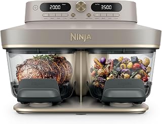 Ninja CRISPi DualZone Freidora de aire de cristal de doble cajón, 8 funciones de cocción, dos alimentos a la vez, recipientes de vidrio sin PFAS, tapas de almacenamiento, piedra/dorado DD103EUSD1