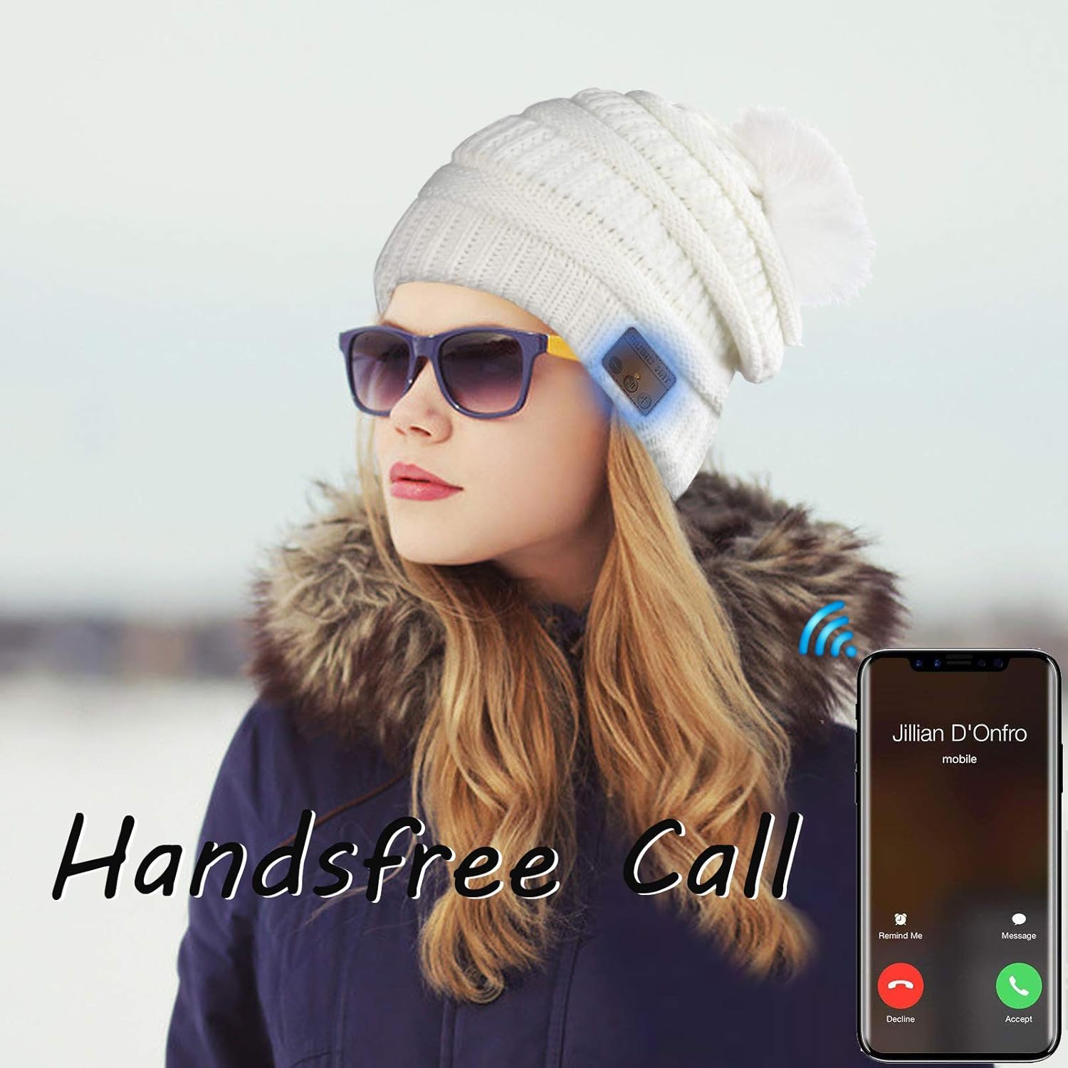 Wireless Music Beanie Women Beanie Girls Hat Over Ear Headset Sports Stereo Headphone with Microphone Speaker Womens Beanie Cap Snow White - Image 4