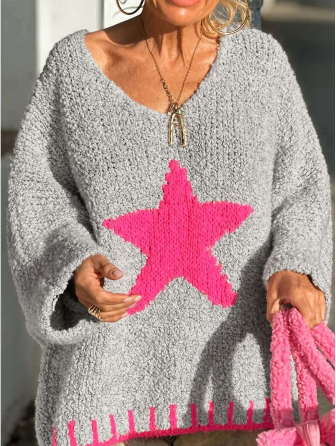 CHARTOU Women Fuzzy V Neck Off Shoulder Star Graphic Drape Oversized Pullover Sweater with Contrast Trim