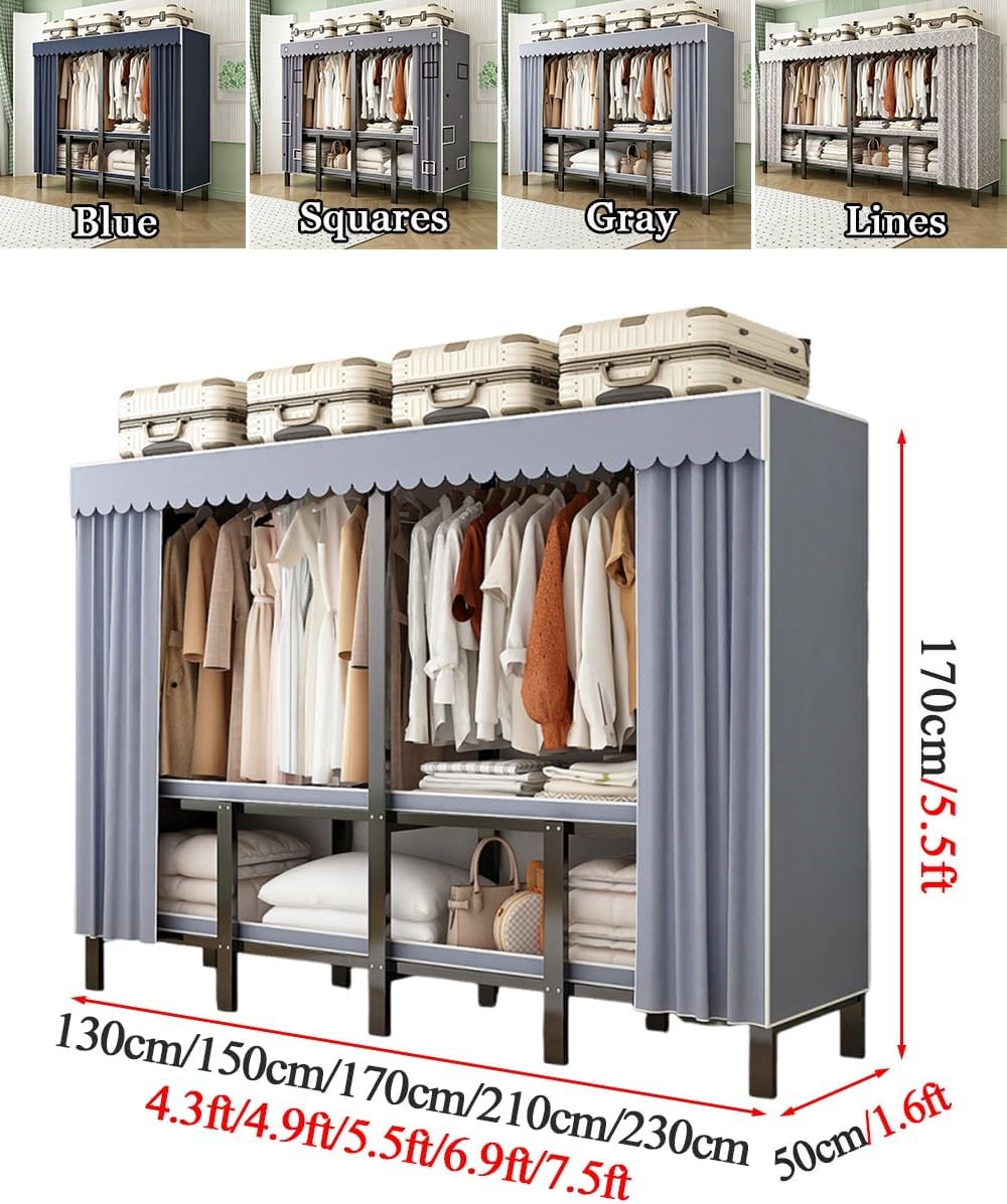 LTSRLL Armoire Wardrobe Closet with 2 Removable Hanging Rod Zipper Curtain 4 Stackable Storage Areas for Bedroom, Cloak Room