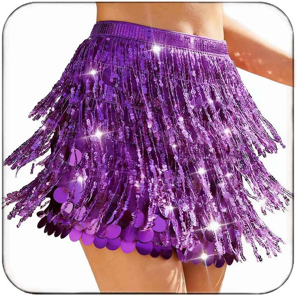 Zoestar Sparkly Sequin Skirts Rave Fringe Belly Dance Skirt Mermaid Costume Outfit for Women