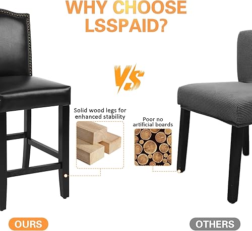 Miniatura 7 de LSSPAID Juego de 2 taburetes de bar tapizados de poliuretano de 24.8 pulgadas, sillas de isla de cocina con respaldo de clavos de bronce y patas de