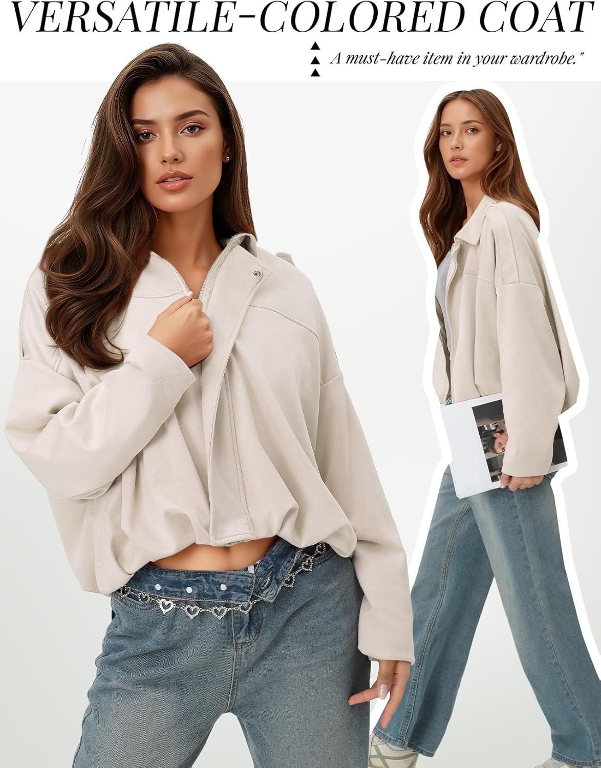 LEACOOLKEY Women's Faux Suede Bomber Jacket Casual Pilot Coat Oversized Spring Fall Batwing Long Sleeve Streetwear Outwear - Image 5