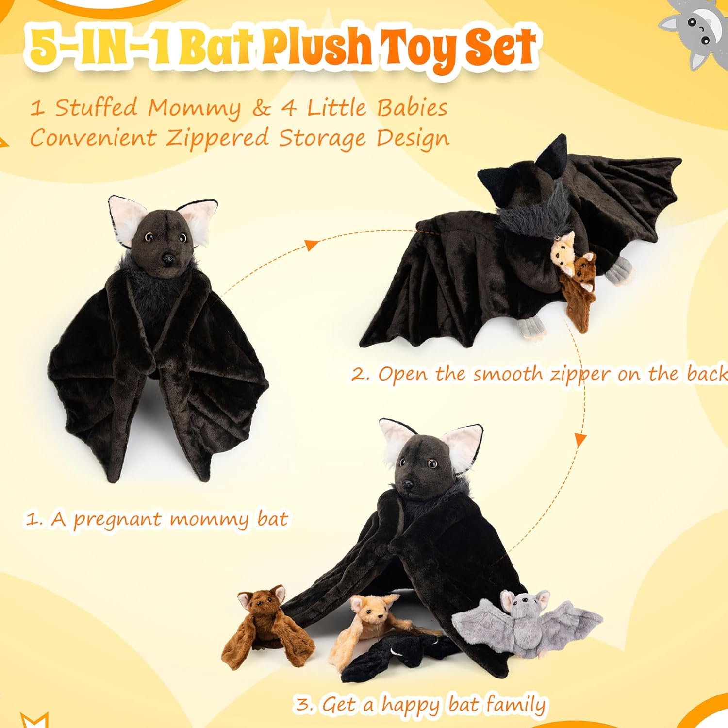 Civaner 5 Pcs Goth Stuffed Bat Plush Toy Set 13 Inch Mommy Bat Stuffed Animal with 4 Babies Gothic Plushies Dolls for Halloween Valentines Easter Birthday Gifts