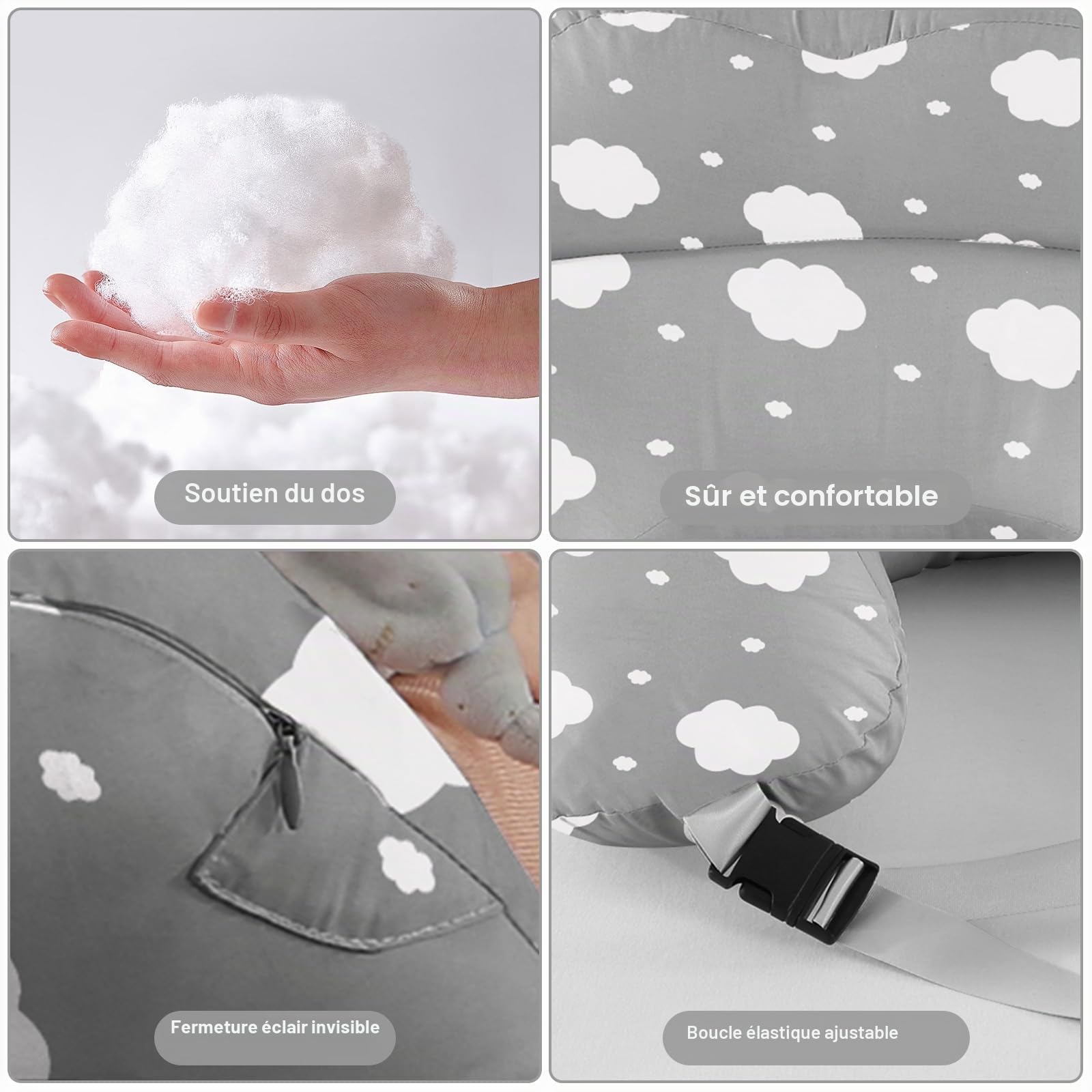 SHANNA Coussin d'allaitement pour Bébé : Coussin d'allaitement 100% Coton, Oreiller De Grossesse en Forme De U, Coussin Ergonomique Multifonction pour Bébé, Cadeau pour Femme Enceinte (Gris Nuage)