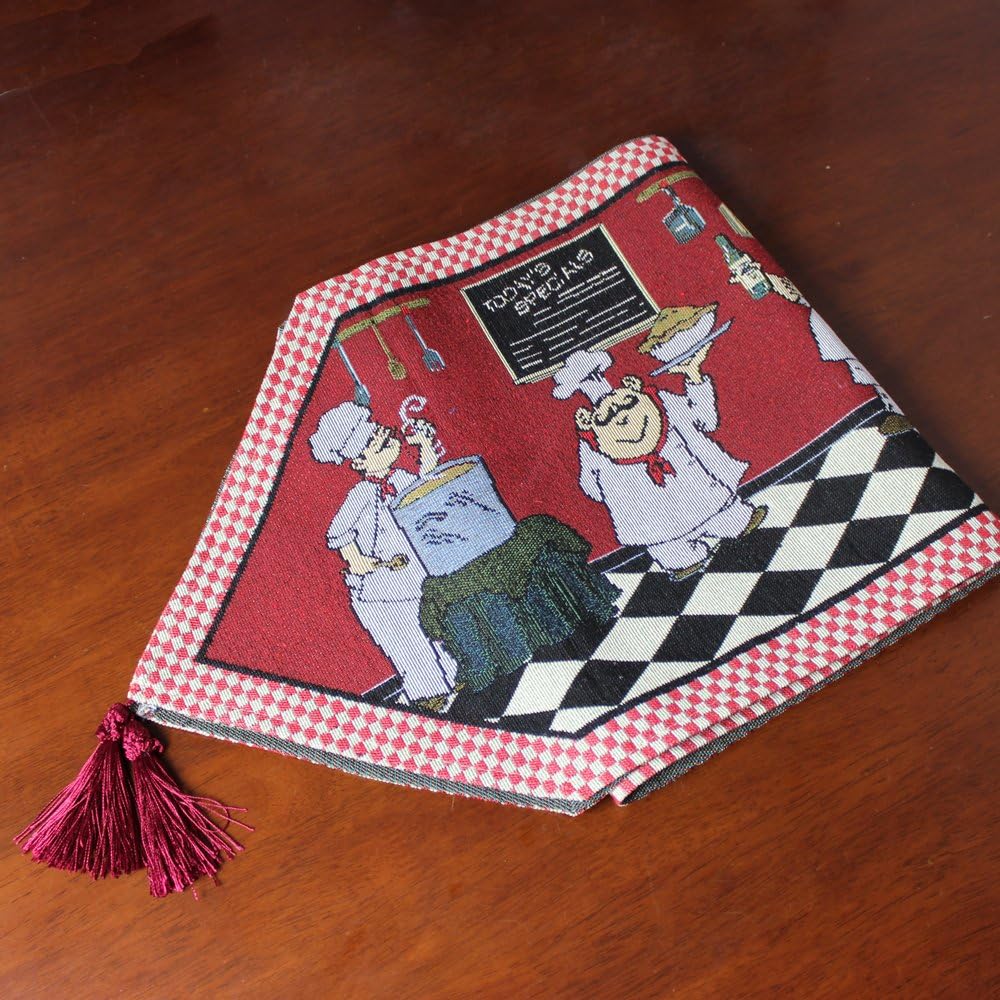 KEPSWET Cotton Linen Chef Table Runner with Tassels 13 x 72 Inch Red Washable Table Runner for Dining Table Decorative