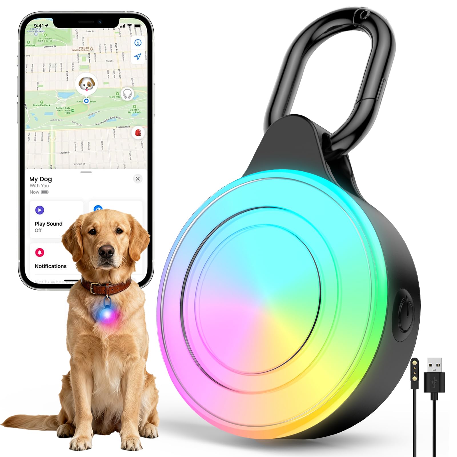 2-in-1 GPS Tracker & Dog Light - Smart Tracking Pet LED Light for iOS Only - Rechargeable IP68 Waterproof Dog Collar Light with 6 Modes for Night Walking - Works with Apple Find My, No Subscription