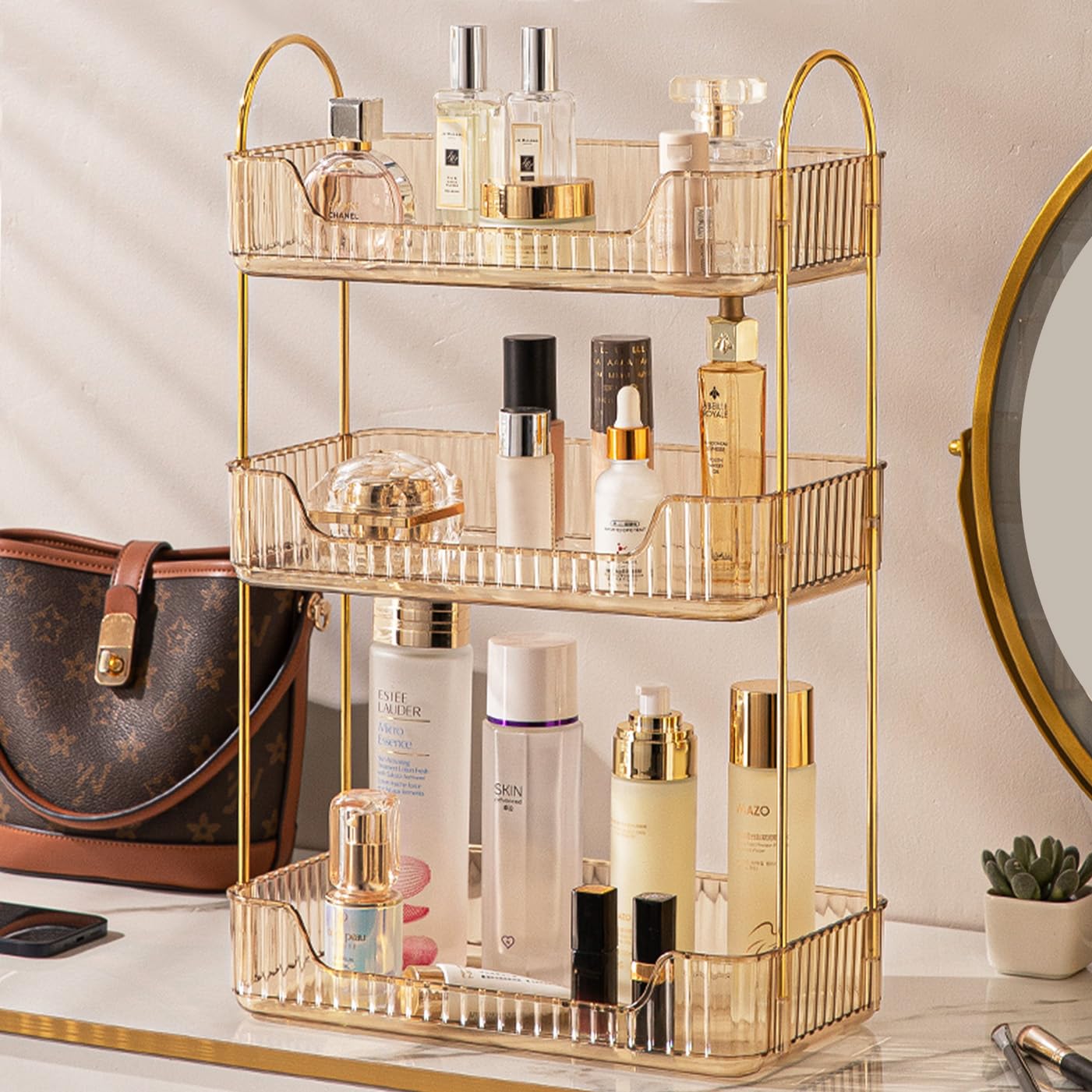 Bathroom Counter Organizer Countertop 3 Tier Makeup Perfume Shelf Storage Skincare Cosmetic Tray for Dresser Vanity - Gold