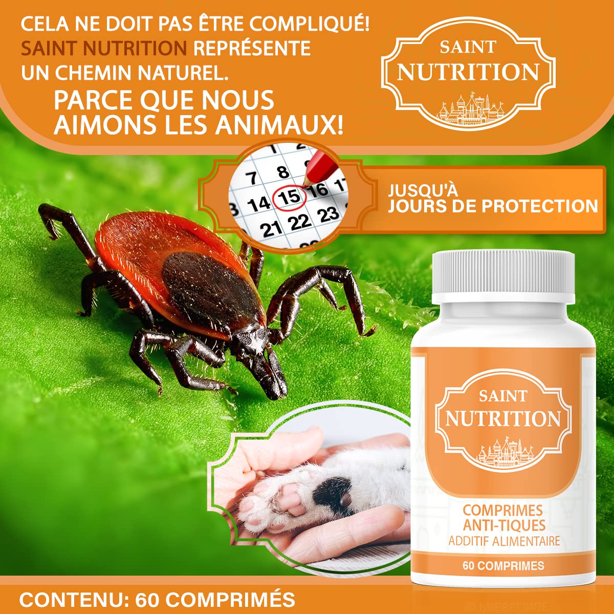 Saint Nutrition® Anti-Tique COMPRIMES pour Chien et Chat – Nouveau – Traitement Naturelle pour Votre Animal Domestique Contre tiques, Effet immédiat, Contient 60 comprimés