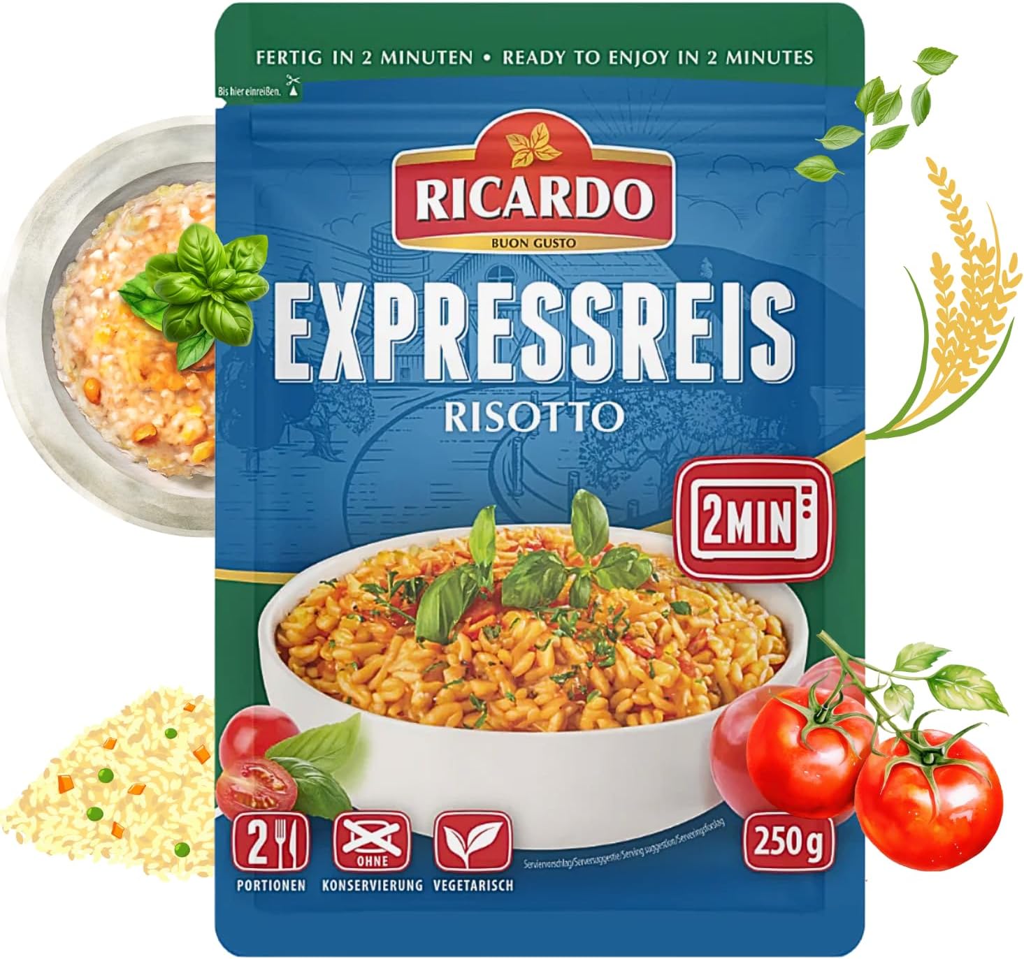 RICARDO Express Risotto 8 x 250 g przygotowanie ryżu gotowe dania w kuchence mikrofalowej/patelni, szybkie i łatwe przygotowanie