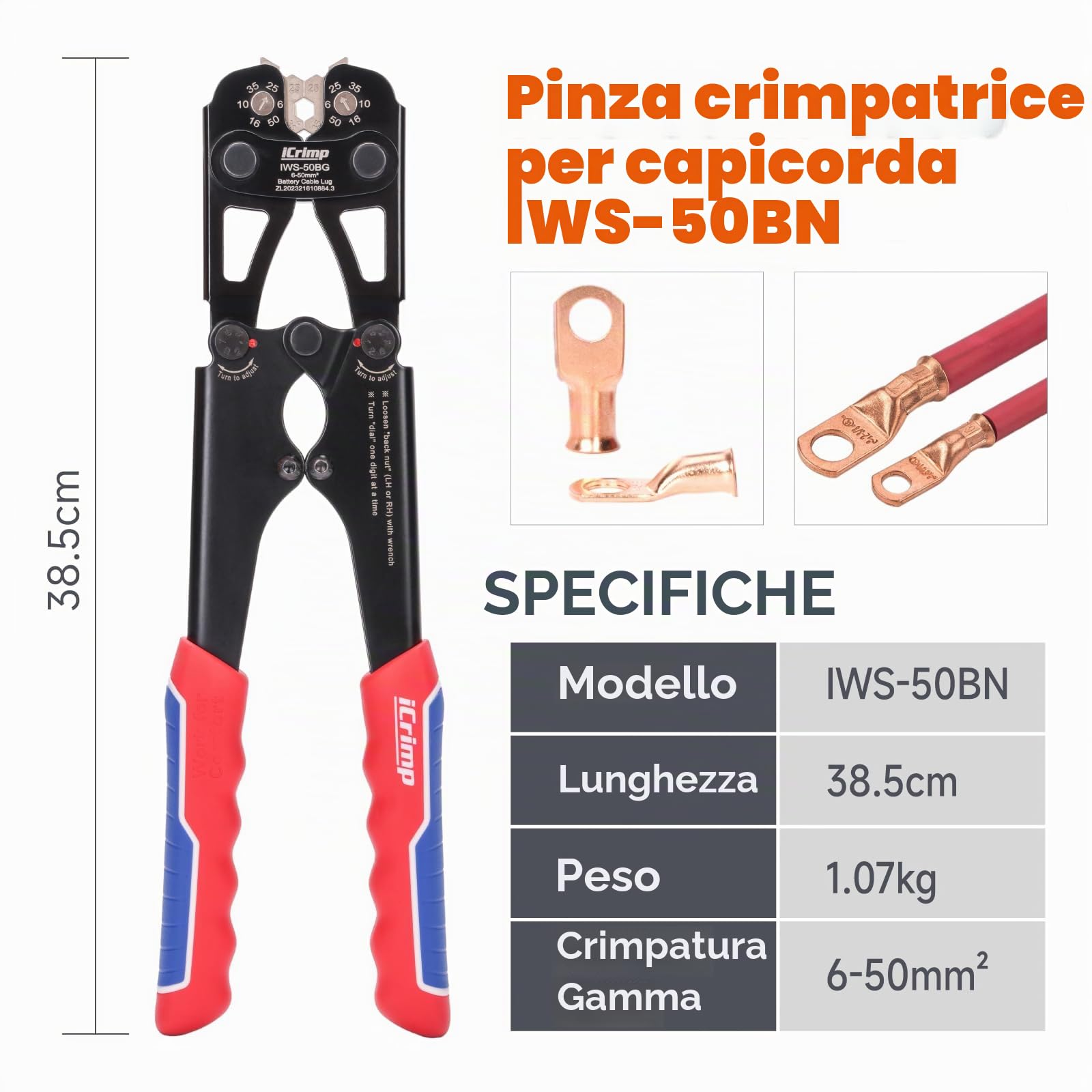 iCrimp Pinza crimpatrice per capicorda in rame robusto e spina piatta, pinza crimpatrice per capicorda con una sola mano per 6-50 mm².