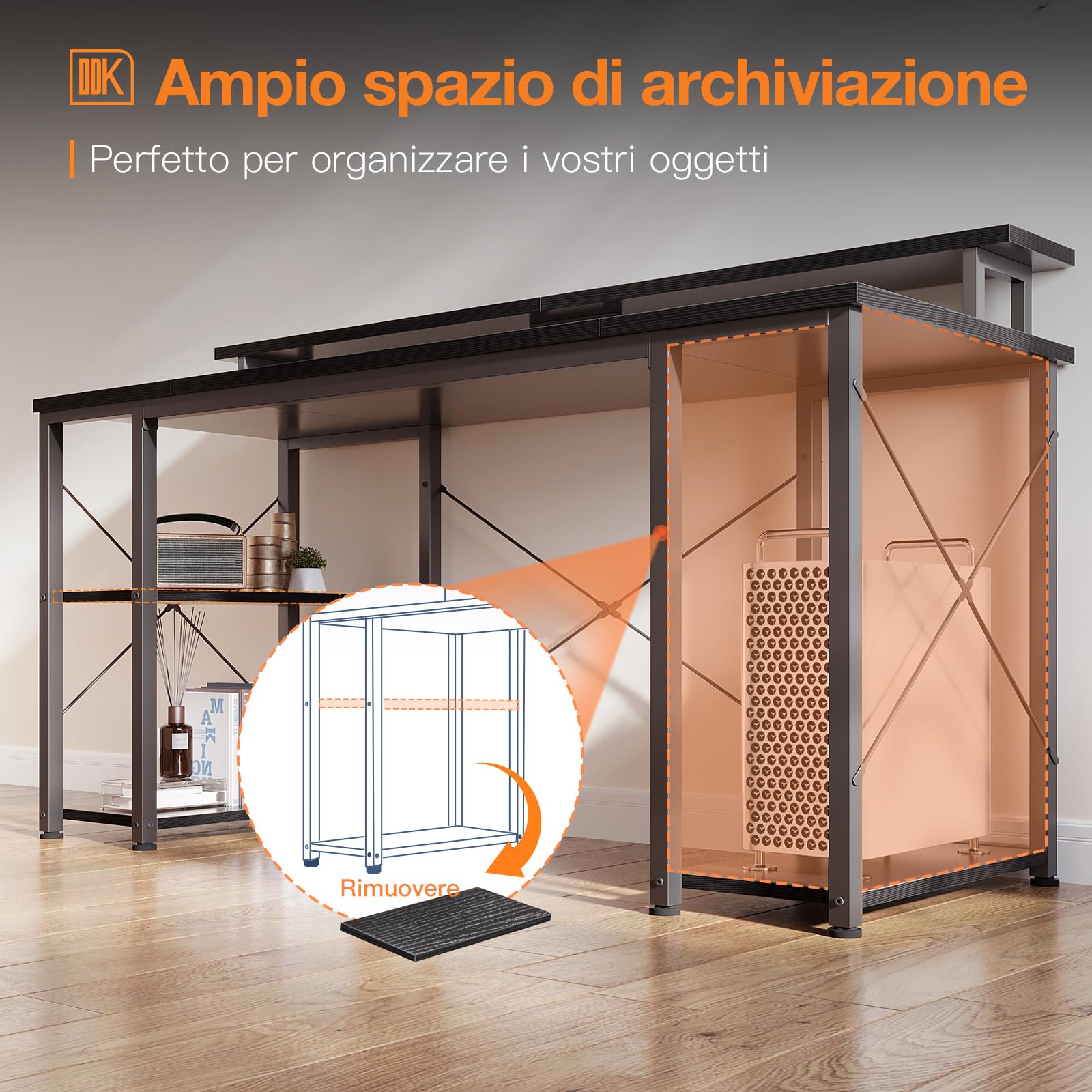 ODK Scrivania con Ripiano Reversibile, Scrivania Gaming con Supporto per Monitor e Ripiano di Stoccaggio, Scrivania Ufficio Tavolo per Computer per Ufficio, Camera da Letto (Nero, 120x50x86.5cm)
