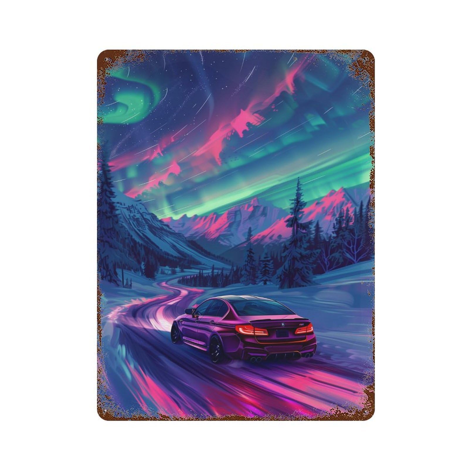 Rust Effect Night Drive Aurora Vintage Rust Metal Sign 15.7"x11.8", Old School Wall Decor for Basement, Hobby Room And Garage Decor