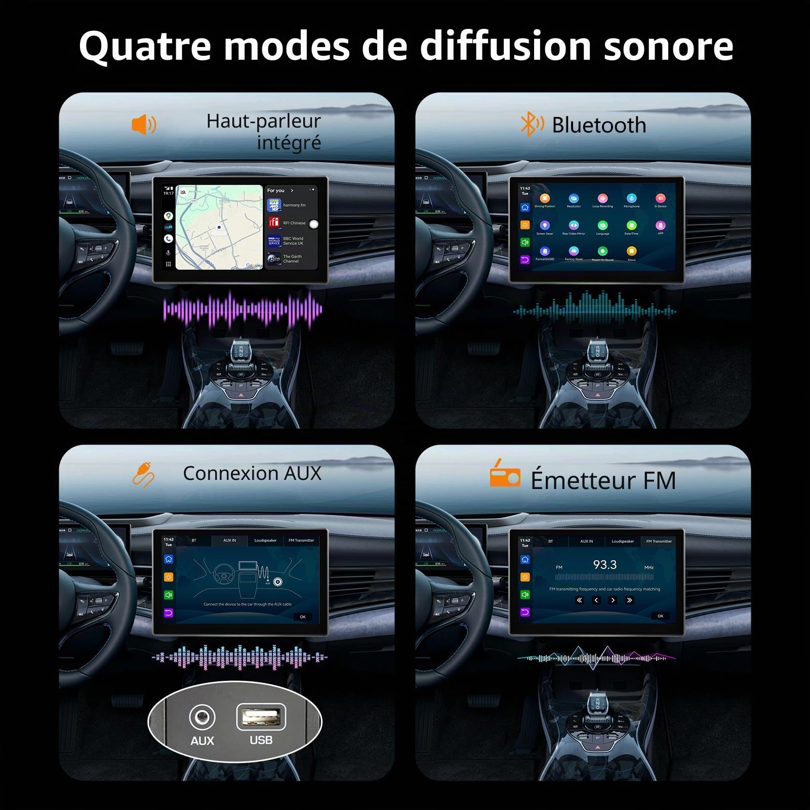 Écran de voiture portable 9" CarPlay/Android Écran tactile IPS HD avec caméra embarquée 4K et caméra de recul 1080p, Commande vocale BT FM Mirror Link pour tous les véhicules