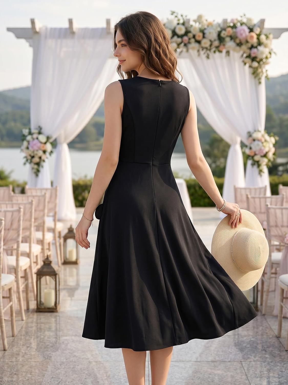 SUNSTORY Red Sleeveless Midi Dress: 2026 Women's A-Line Ruched Waist Semi Formal Wedding Guest Dress for Cocktail Party