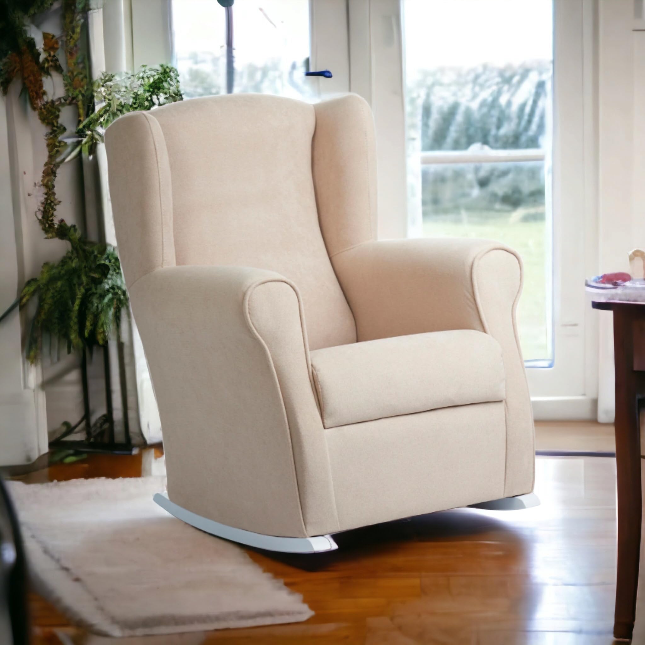 Genérico Sillón Butaca balancín/Mecedora Lactancia - tapizado Antimanchas - Pata Lacado Blanco (Beige)