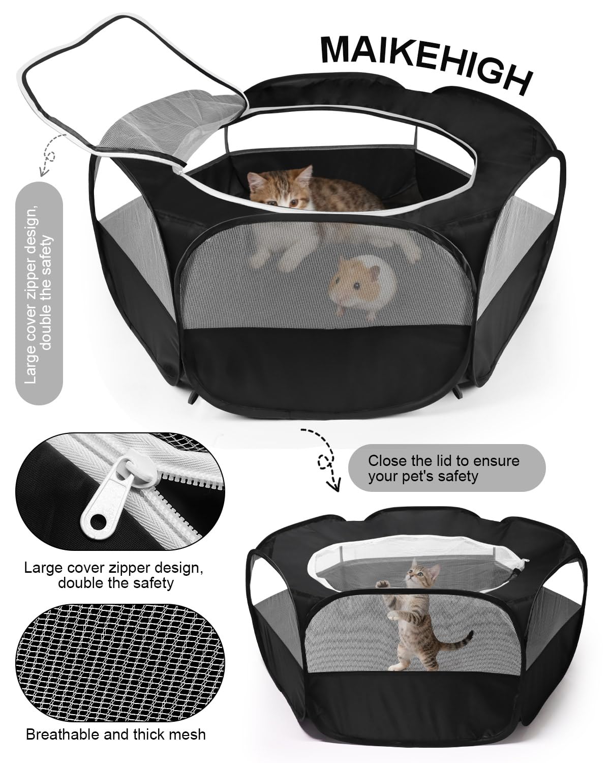 MAIKEHIGH Parc pour Petits Animaux, Tente Cage Portable Pliable vec Fermeture Glissière Couvercle for Guinea Pig, Rabbits, Hamster, Chinchillas and Hedgehogs (Noir)