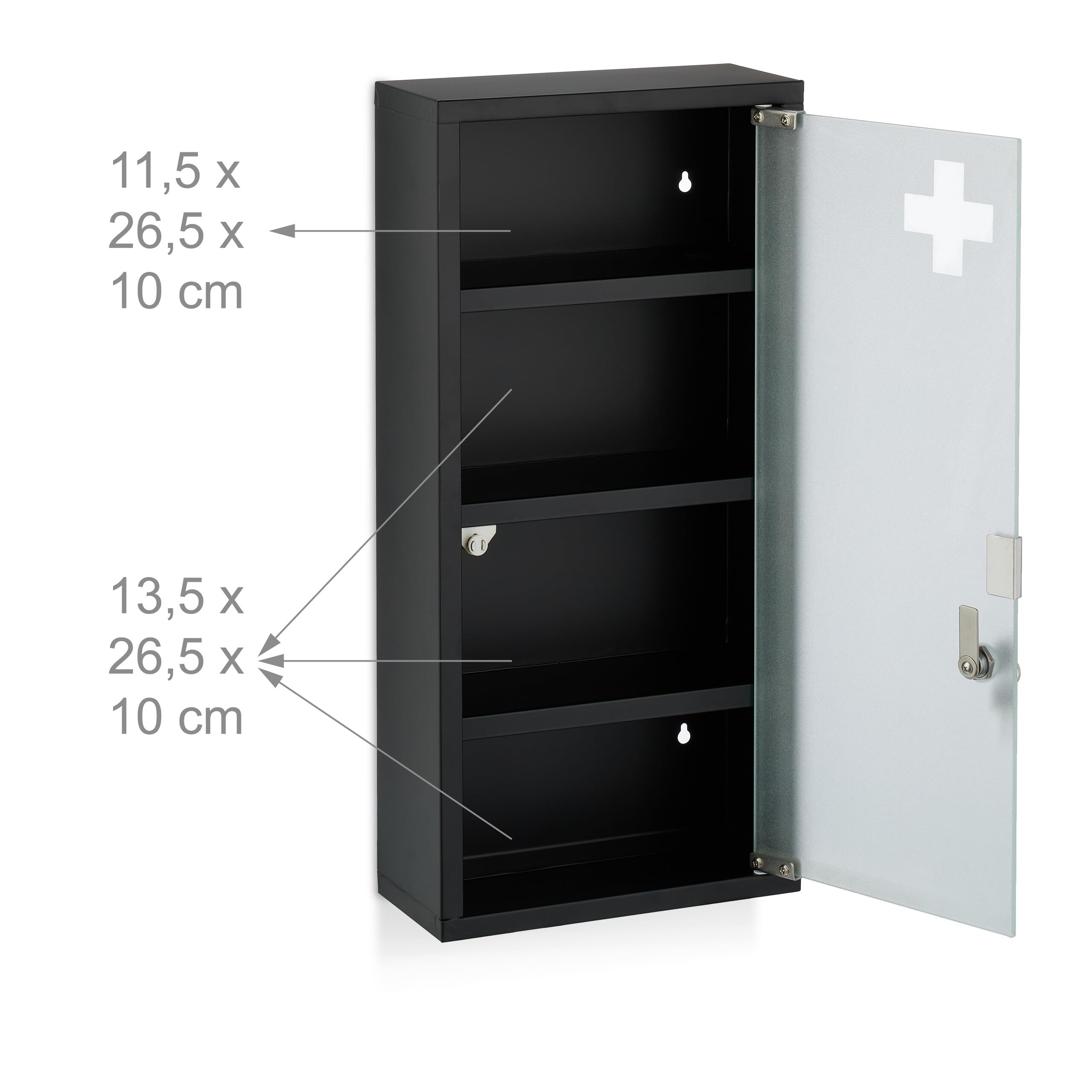 Relaxdays Armoire à Pharmacie, 4 Compartiments, mélange de matériaux H x L x P : 57 x 27 x 12 cm, Noire