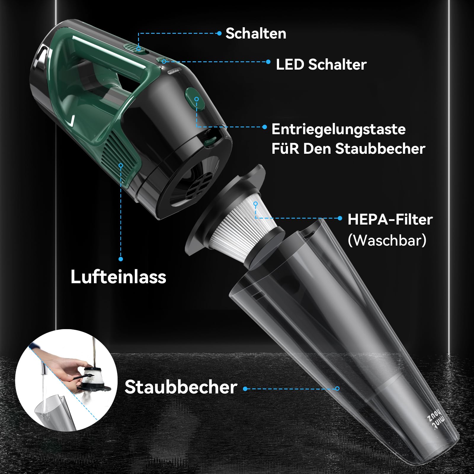 Minthouz Handstaubsauger Akku 9000PA, 120W Autostaubsauger LED-Licht, 30 Min Laufzeit Schnellladung, 2x Wiederwaschbare HEPA-Filter, Leicht zu Reinigen Tragbar für Auto Haushalt Büro | Starke Saugkraft Auto Staubsauger, Multifunktions-Zubehör, Hocheffizie
