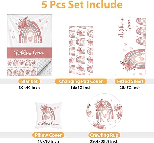 Miniatura 2 de Juego de ropa de cama personalizado para cuna de bebé, juego de 5 piezas para cuna de bebé, diseños de arcoíris, manta con nombre personalizado con