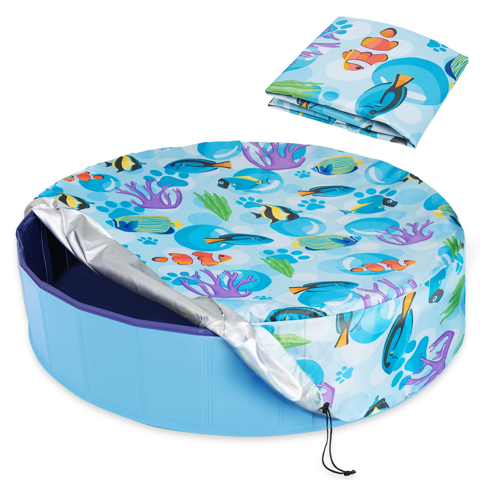 Ladadee Foldable Round Dog Pool Cover, for 63 "Collapsible Outdoor Kids/Kiddle Pool Tub Cover, PVC Coating Waterproof and UV Protection, Leakproof Washable Kiddie Pet Small Paddling Pool Accessories
