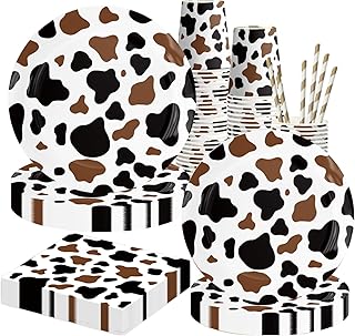 Cow Print Party Supplies, Cow Print Party Tableware Complete Pack Include Black Brown Cow Plates, Napkins, Cups Straws for Cow Birthday Baby Shower Farm Animal Party Decorations
