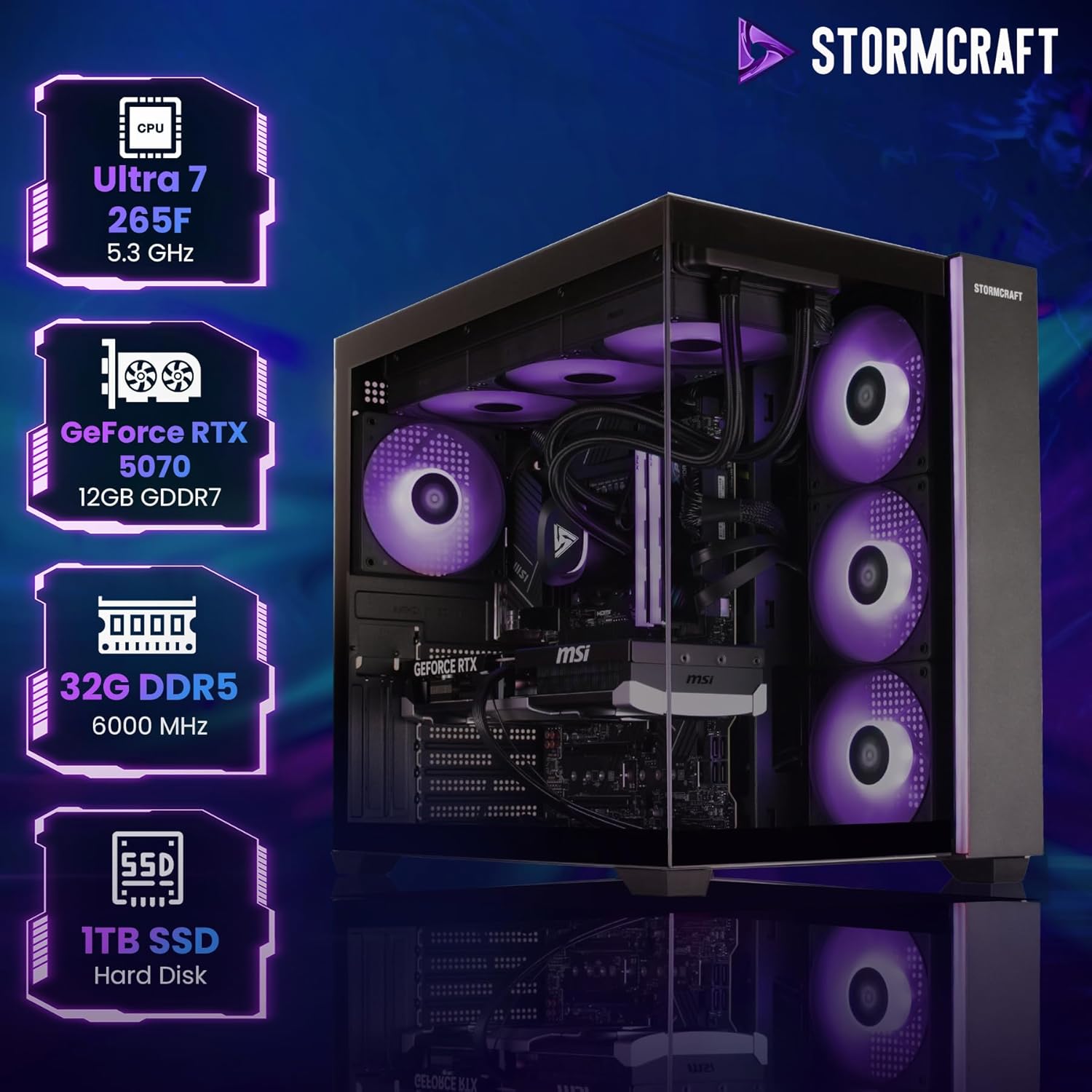 STORMCRAFT Falcon AI Gaming PC Desktop Intel Core Ultra 7 265F 5.3 GHz,Geforce RTX 5070,32GB DDR5 RGB Memory 6000MHz,1TB NVME SSD,360 AIO Cooler,B860 Chipset,850w Gold PSU,WiFi,BT,USB-C Computers
