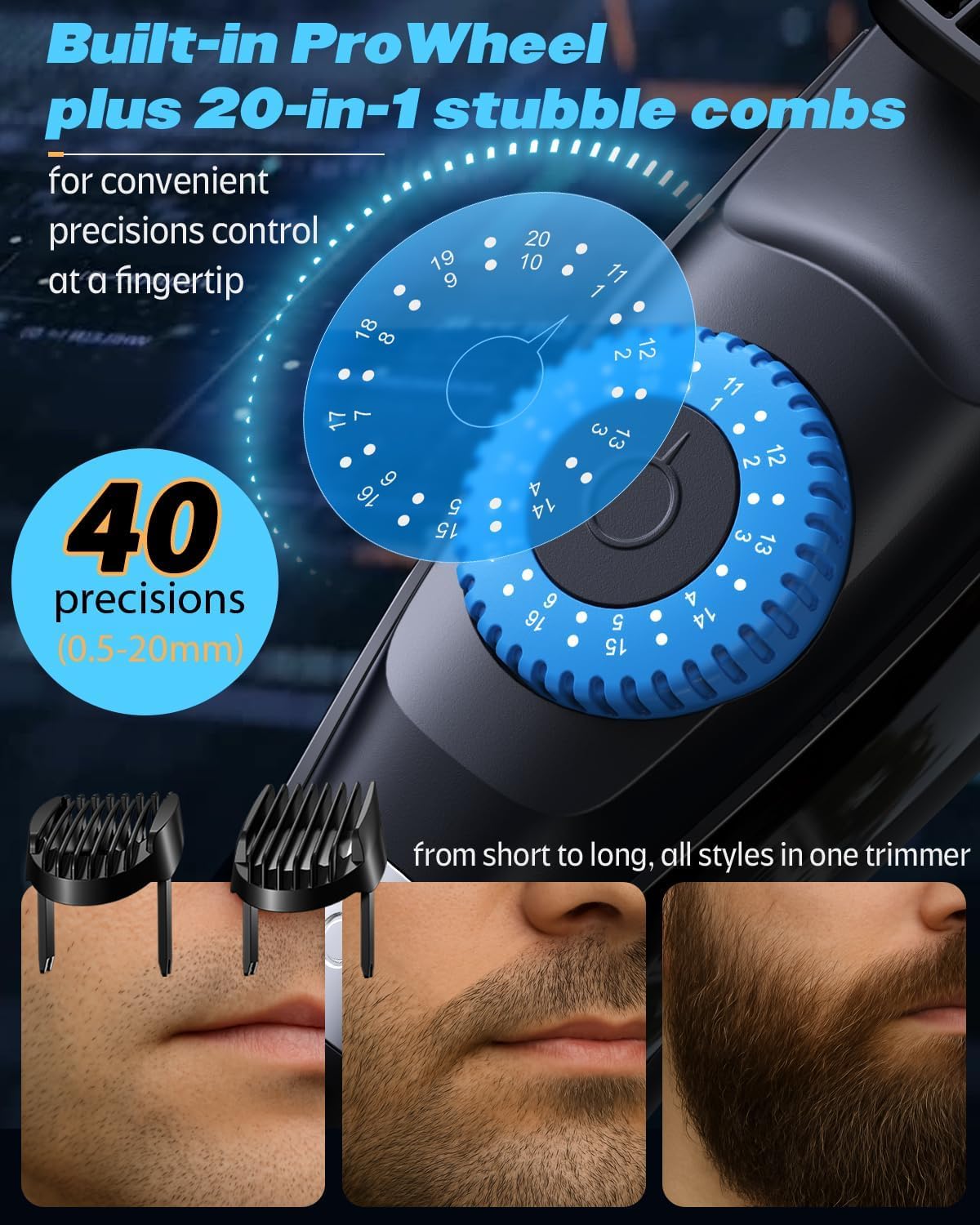 Beard Trimmer for Men, 120-Min Cordless Runtime, 0.5mm Precision Dial (40 Settings) - Constant Power Motor & IPX7 Waterproof Hair Clipper Kit with Detailer & Nose Trimmer, USB-C Quick Charge