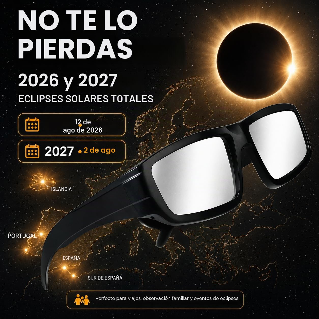 Gafas Eclipse Solar Homologadas,Certificado ISO 12312-2:2015(E) y CE,Paquete de 3 Lentes de Plástico Duradero Para Visión Directa del Sol