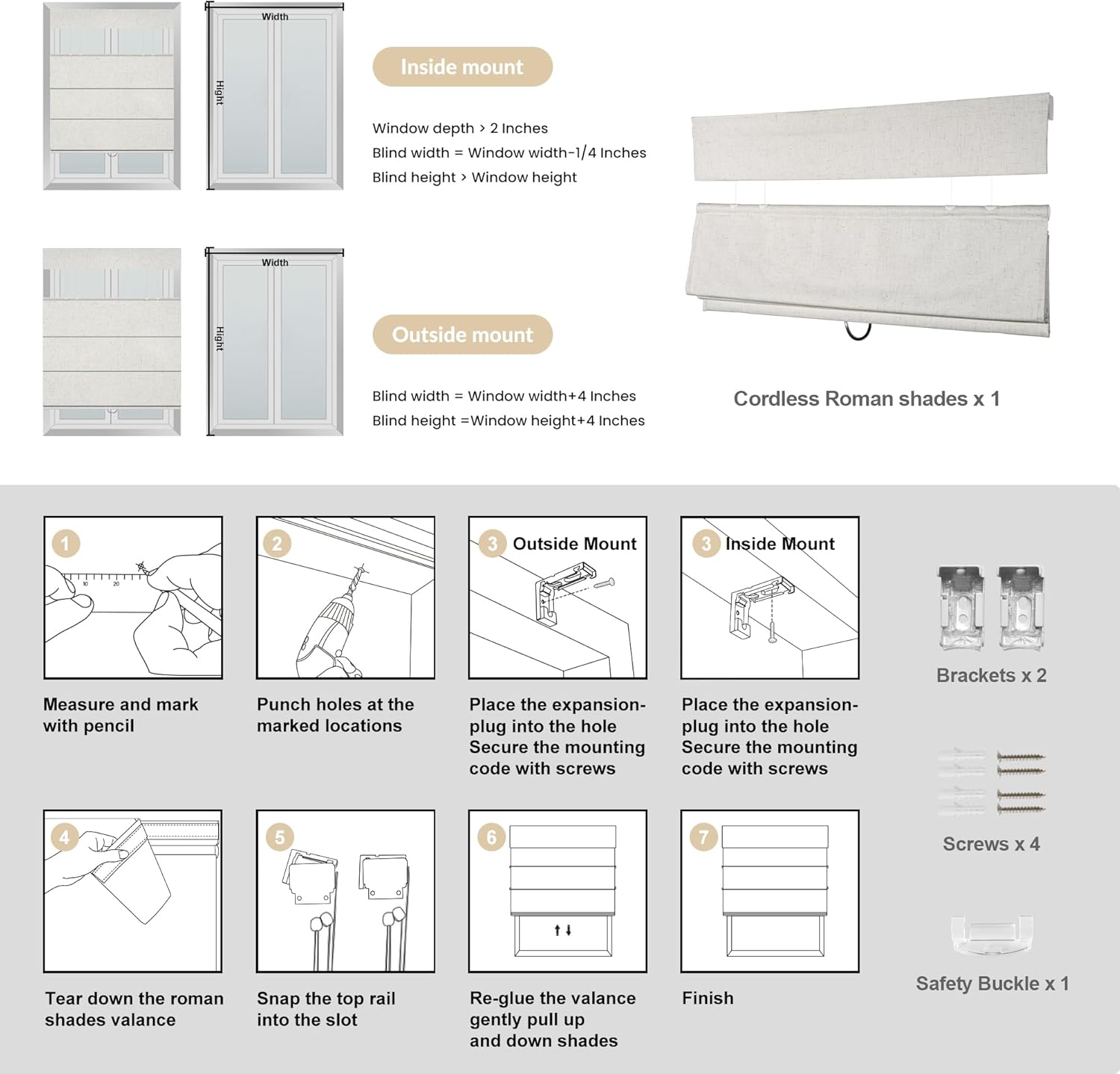 Boolegon Top Down Bottom Up Roman Shades, Cordless Blackout Roman Blinds for Custom, Room Darkening Fabric Linen Thermal Insulation Roman Shades for Windows, Blackout, Beige White, Custom Size