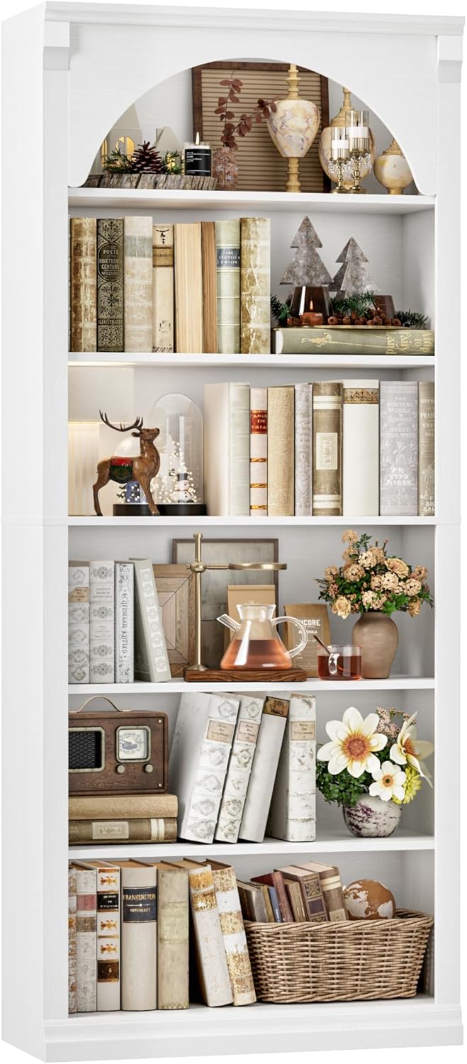FACBOTALL 73" Tall Arched Bookcase and Bookshelf, Farmhouse Book Shelf with 6 Tiers Open Shelves, Arched Cabinet for Media CD DVD Storage, Wooden Tall Bookcase for Living Room, Home Office, White