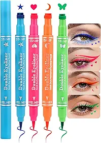 Erinde Conjunto de 4 carimbos de delineador líquido, canetas delineadoras coloridas de ponta dupla com carimbos faciais, estrela azul, coração rosa, lua laranja, delineador de olhos com asas à prova