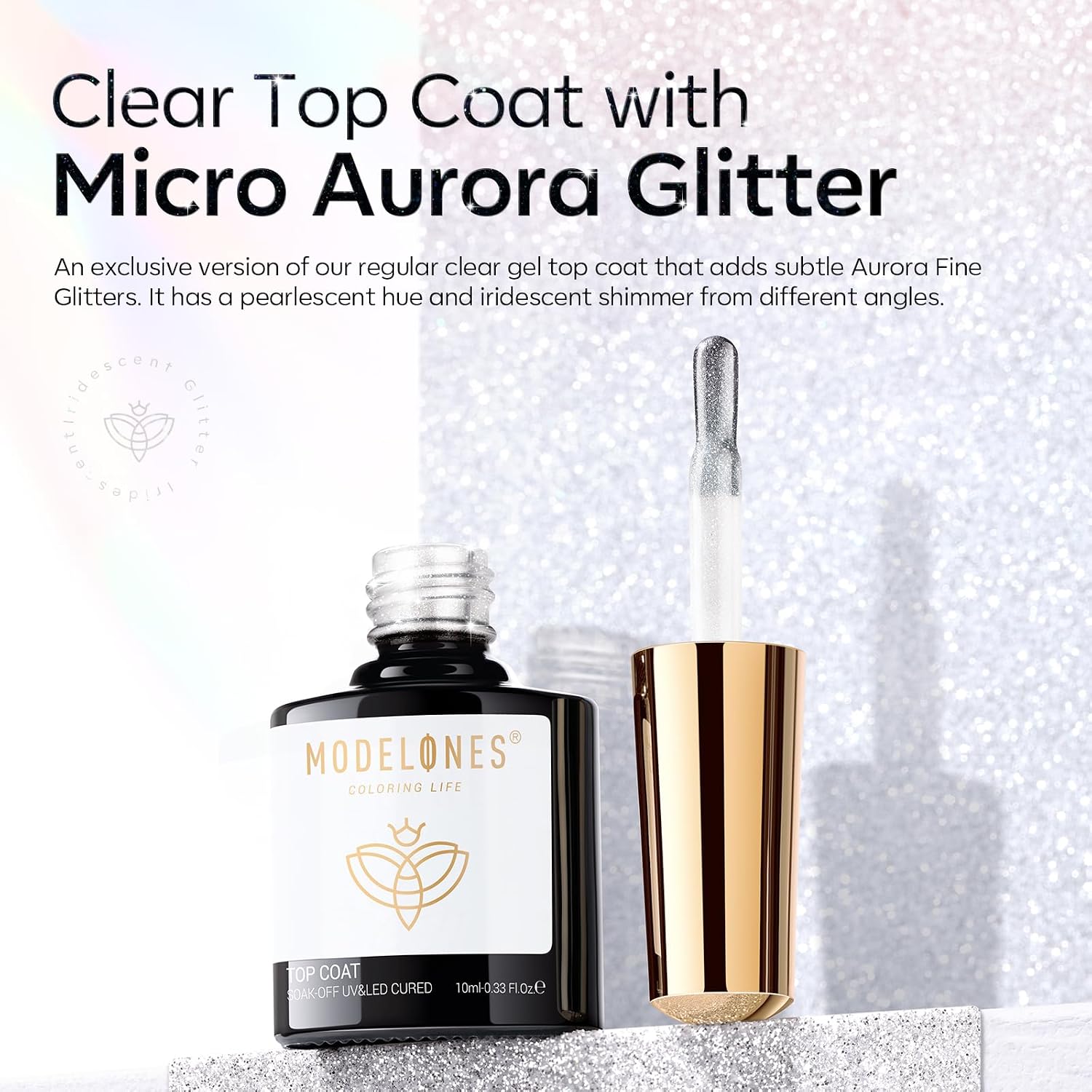  Glitter Gel Top Coat Ultra-Fine White Aurora No Wipe Glossy | Sparkle Finish Sheer Shimmer Topper Gel Pearlescent Overlay for Any Nail Color Long Lasting U V Cure Manicure Gift for Women thumbnail